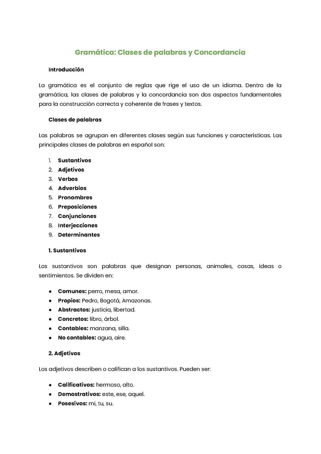 Gramática: Clases de palabras y Concordancia