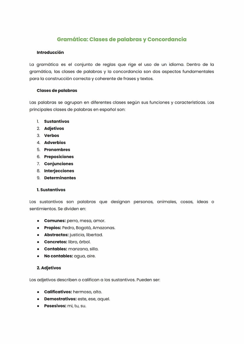 Gramática: Clases de palabras y Concordancia
Introducción
La gramática es el conjunto de reglas que rige el uso de un idioma. Dentro de la
g