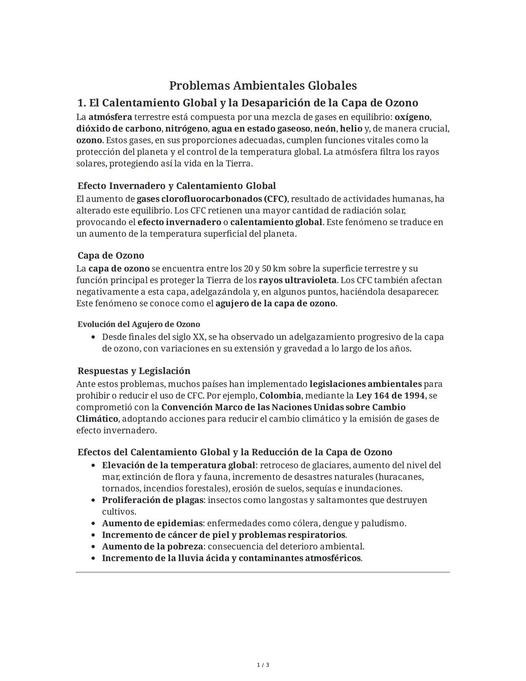 Problemas Ambientales Globales
1. El Calentamiento Global y la Desaparición de la Capa de Ozono
La atmósfera terrestre está compuesta por un