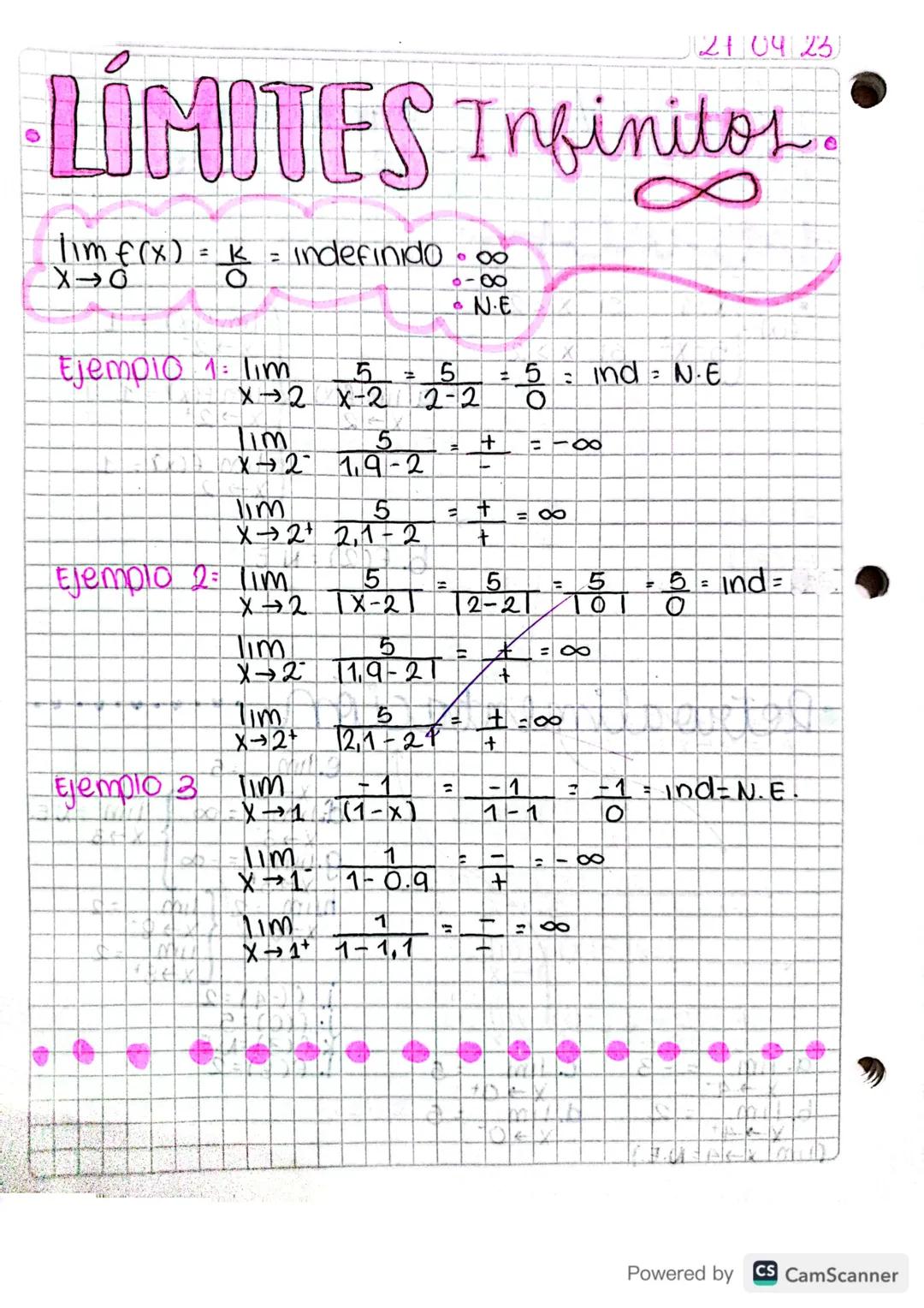 21 04 23
# LÍMITES Infinitos.

$lim_{x \to 0} f(x) = \frac{k}{0} =$ indefinido $\cdot \infty$

$\cdot -\infty$
$\cdot N.E$

Ejemplo 1: $lim_
