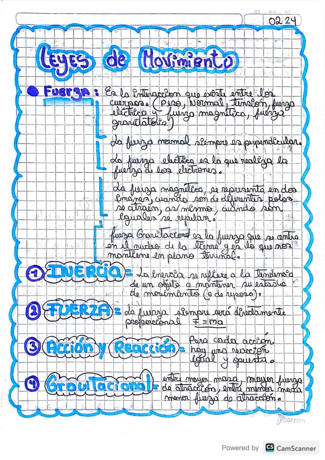 DO
AA
0224
Leyes de Movimiento
Fuerza a la interaccion que exeste entre los
cuerpos. (Peso, Normal, tension, fuerza
electrico y fuerzo magné