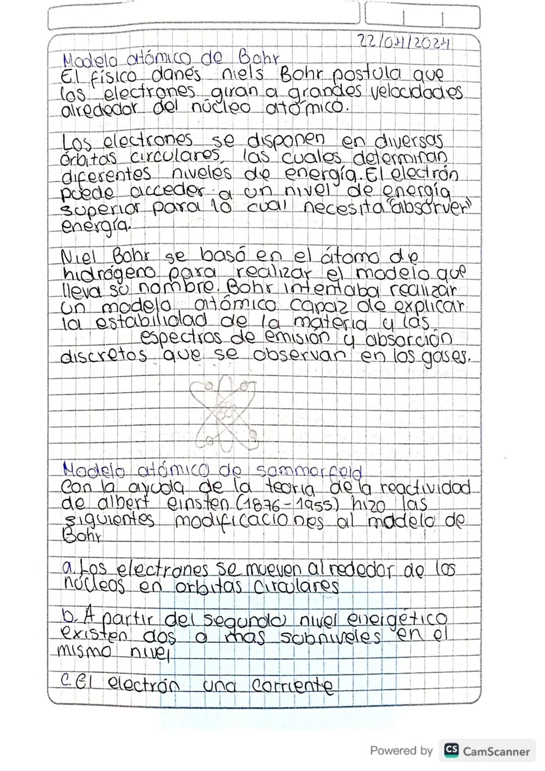 Modelo atómico de Bohr
22/04/2024
El fisico danes niels Bohr postula que
los electrones giran a grandes velocidades.
alrededor del núcleo at