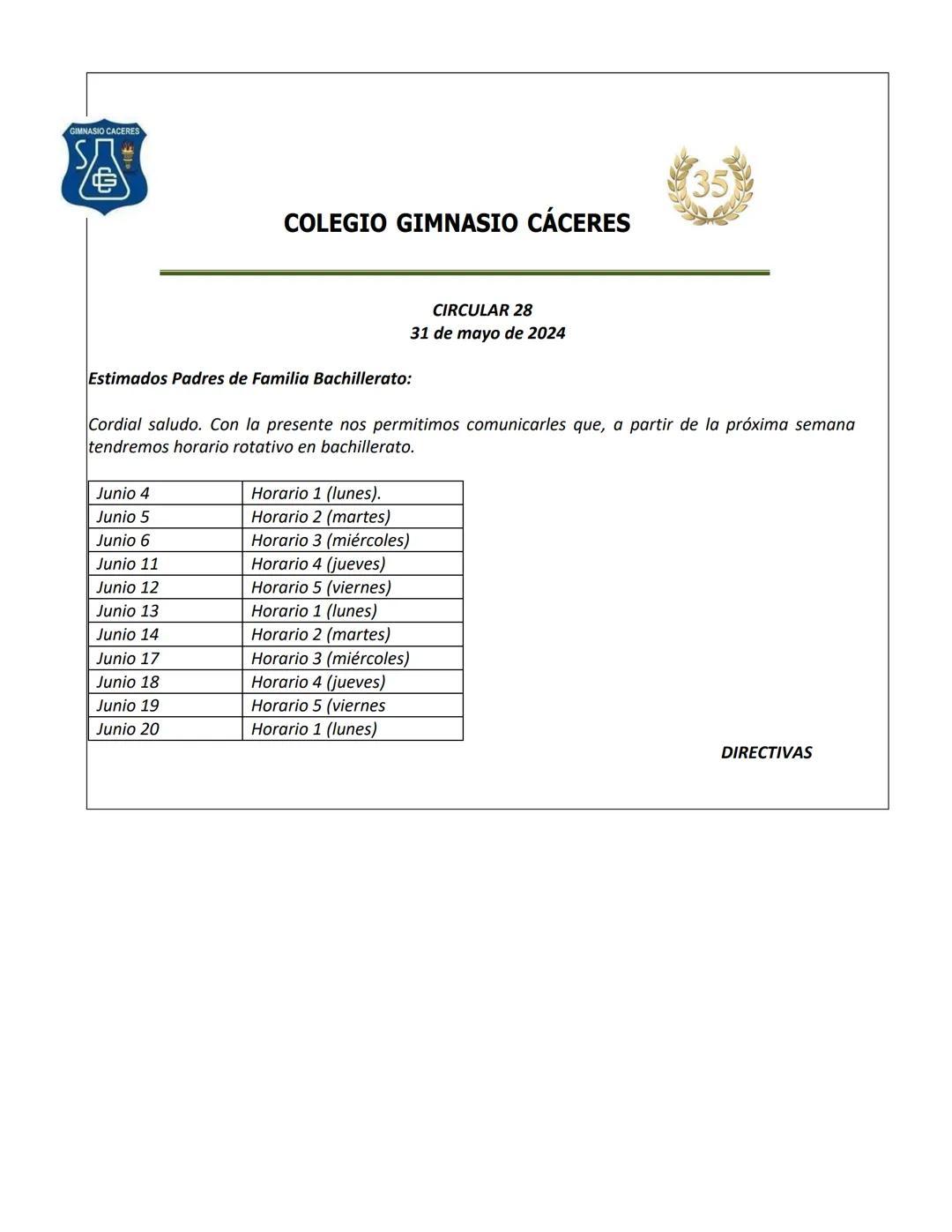 Boletín horarios del colegio 