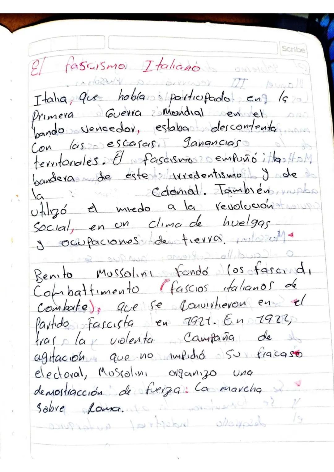 Scribe

E fascismo Italiano

Italia, que había participado en la
Primera Guerra Mondial en el
bando vencedor, estaba descontenta
Con las esc