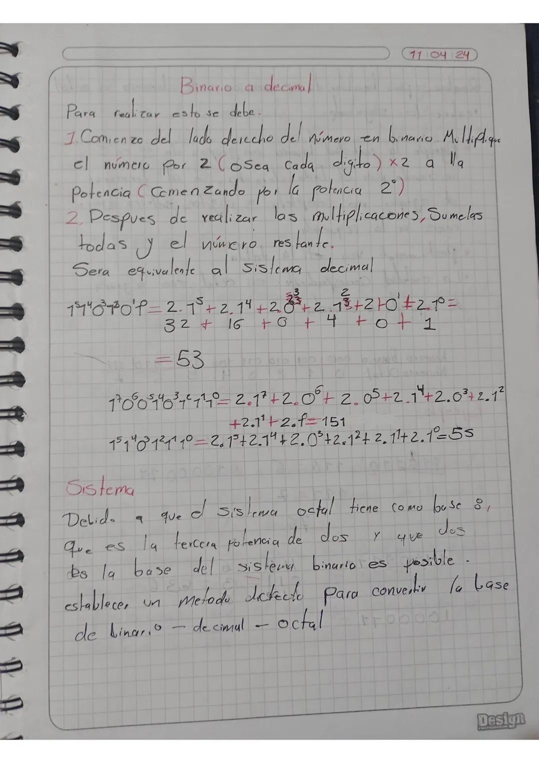 # Binario a decimal

11 04 24

Para realizar esto se debe.

1. Comienzo del lado derecho del número en binario Multiplique
el número por 2 (