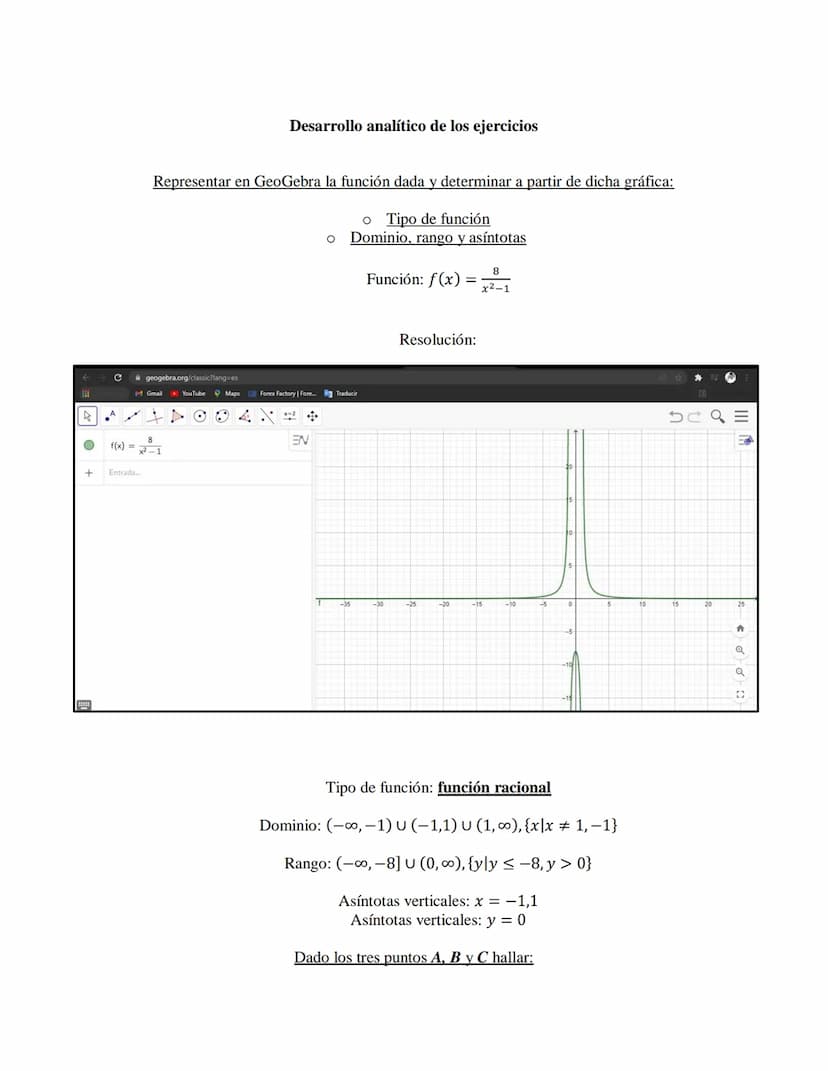 Desarrollo analítico de los ejercicios
Representar en GeoGebra la función dada y determinar a partir de dicha gráfica:
o Tipo de función
o D
