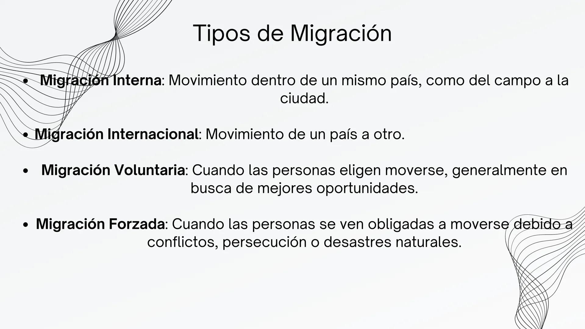 MIGRACIÓN ¿Qué es la Migración?
La migración es el movimiento de personas de un
lugar a otro, ya sea dentro de un país o a través de
fronter