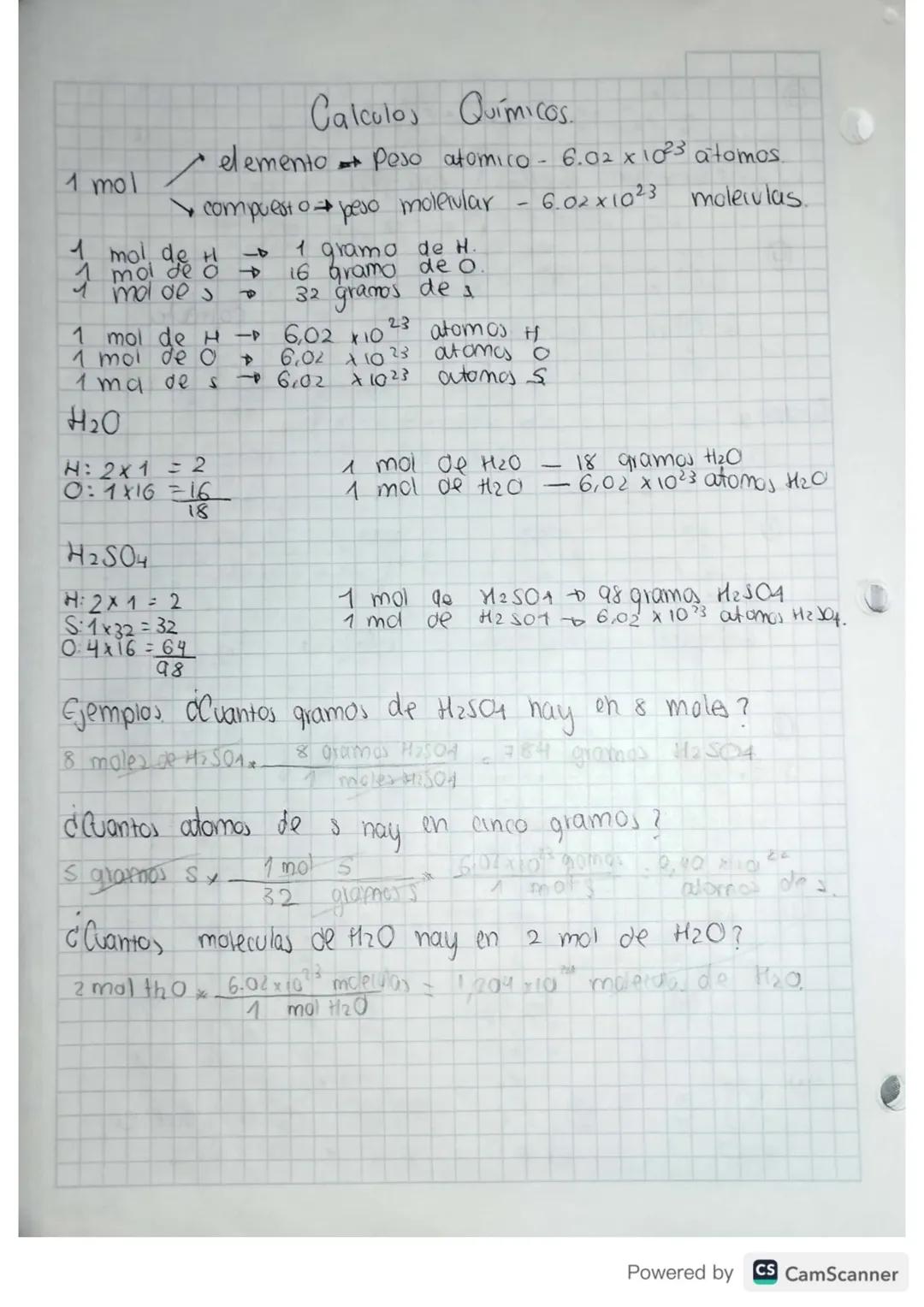 Calculos Químicos.

1 mol

- elemento Peso atomico-6.02 x $10^{23}$ atomos.
- compuesto peso molecular - 6.02x$10^{23}$ moleculas.

1 mol de