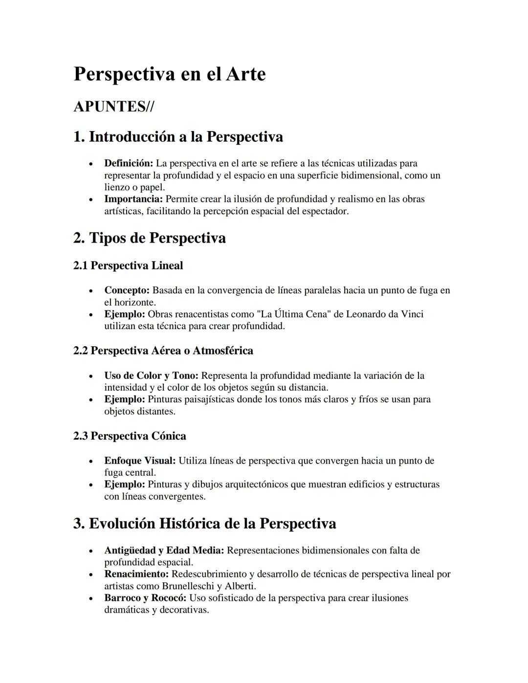 Perspectiva en el Arte
APUNTES//
1. Introducción a la Perspectiva
•
Definición: La perspectiva en el arte se refiere a las técnicas utilizad