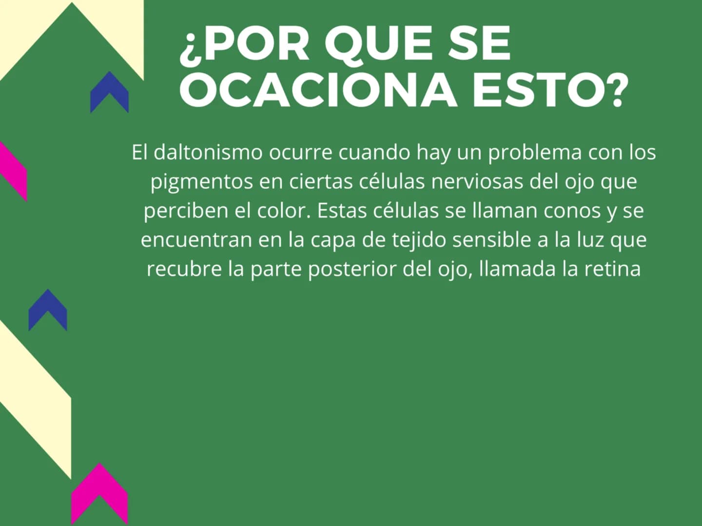 ¿QUE ES?
Defecto de la vista que consiste en
no percibir determinados colores o
en confundir algunos de los que se
perciben. La mayoría de v