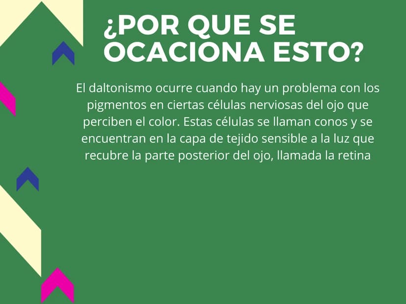 ¿QUE ES?
Defecto de la vista que consiste en
no percibir determinados colores o
en confundir algunos de los que se
perciben. La mayoría de v