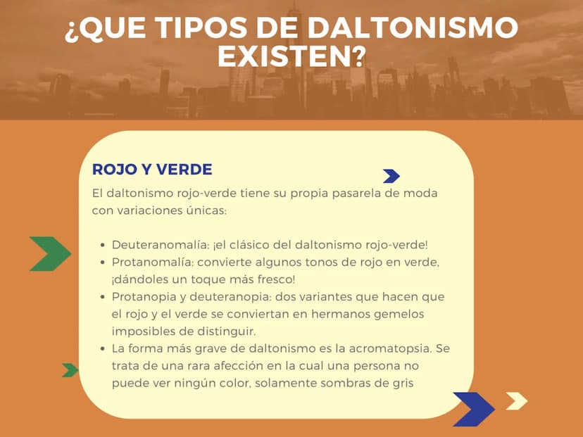 ¿QUE ES?
Defecto de la vista que consiste en
no percibir determinados colores o
en confundir algunos de los que se
perciben. La mayoría de v