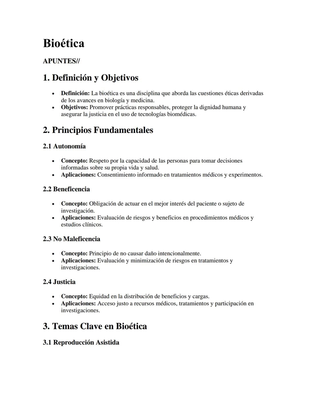 Bioética
APUNTES//
1. Definición y Objetivos
•
•
Definición: La bioética es una disciplina que aborda las cuestiones éticas derivadas
de los