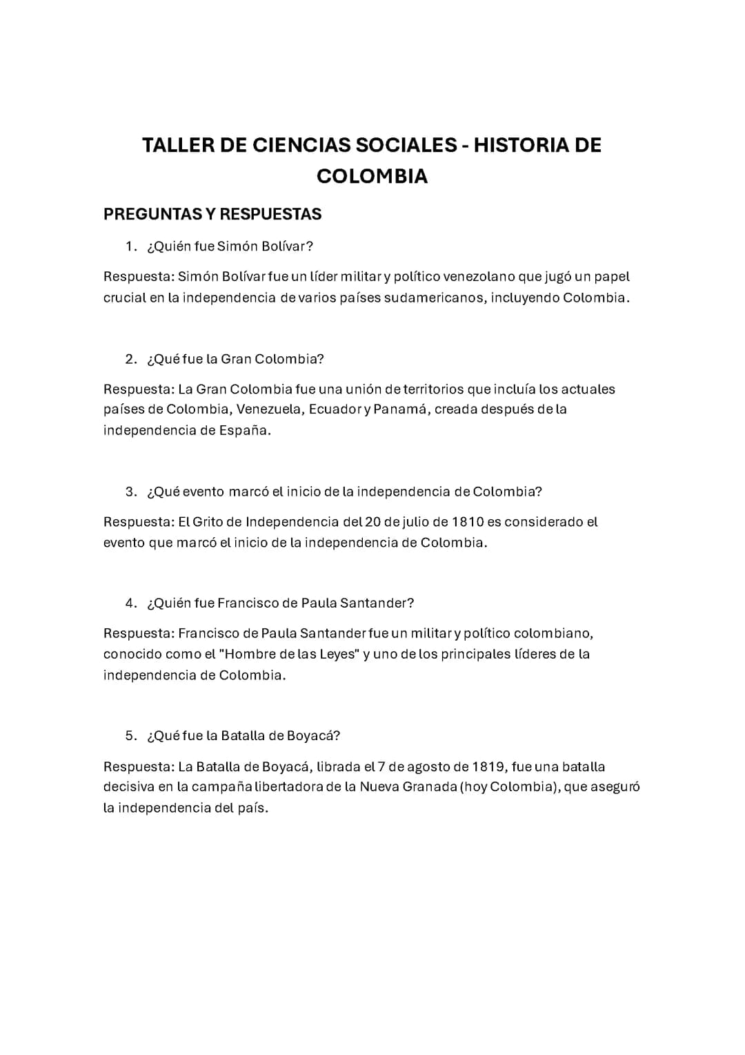 Taller 4: Ciencias Sociales - Historia de Colombia 
