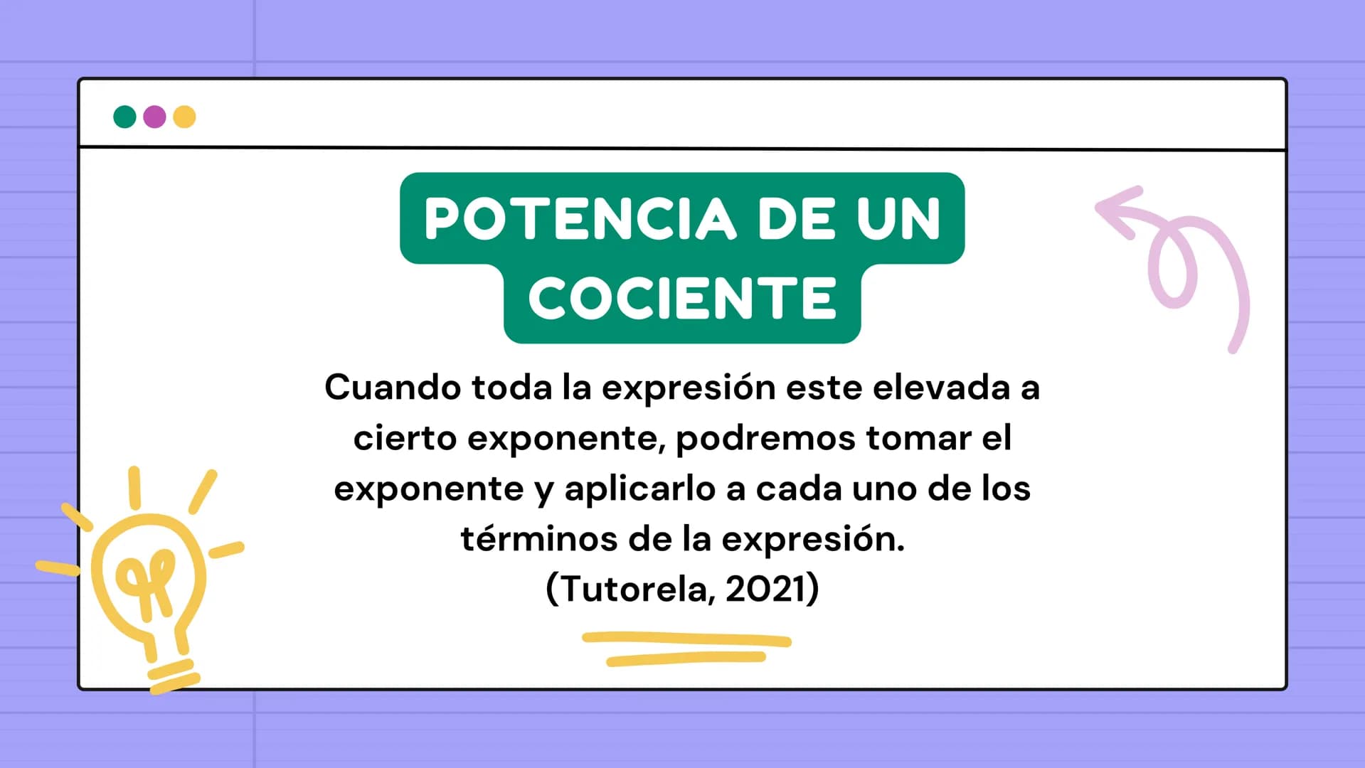 le
PROPIEDADES
de los
EXPONENTES
N ÍNDICE
им
1
Producto de potencias
4 Potencia de un producto
2
Cociente de potencias
5 Potencia de un coci