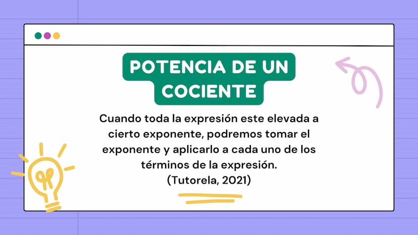 le
PROPIEDADES
de los
EXPONENTES
N ÍNDICE
им
1
Producto de potencias
4 Potencia de un producto
2
Cociente de potencias
5 Potencia de un coci