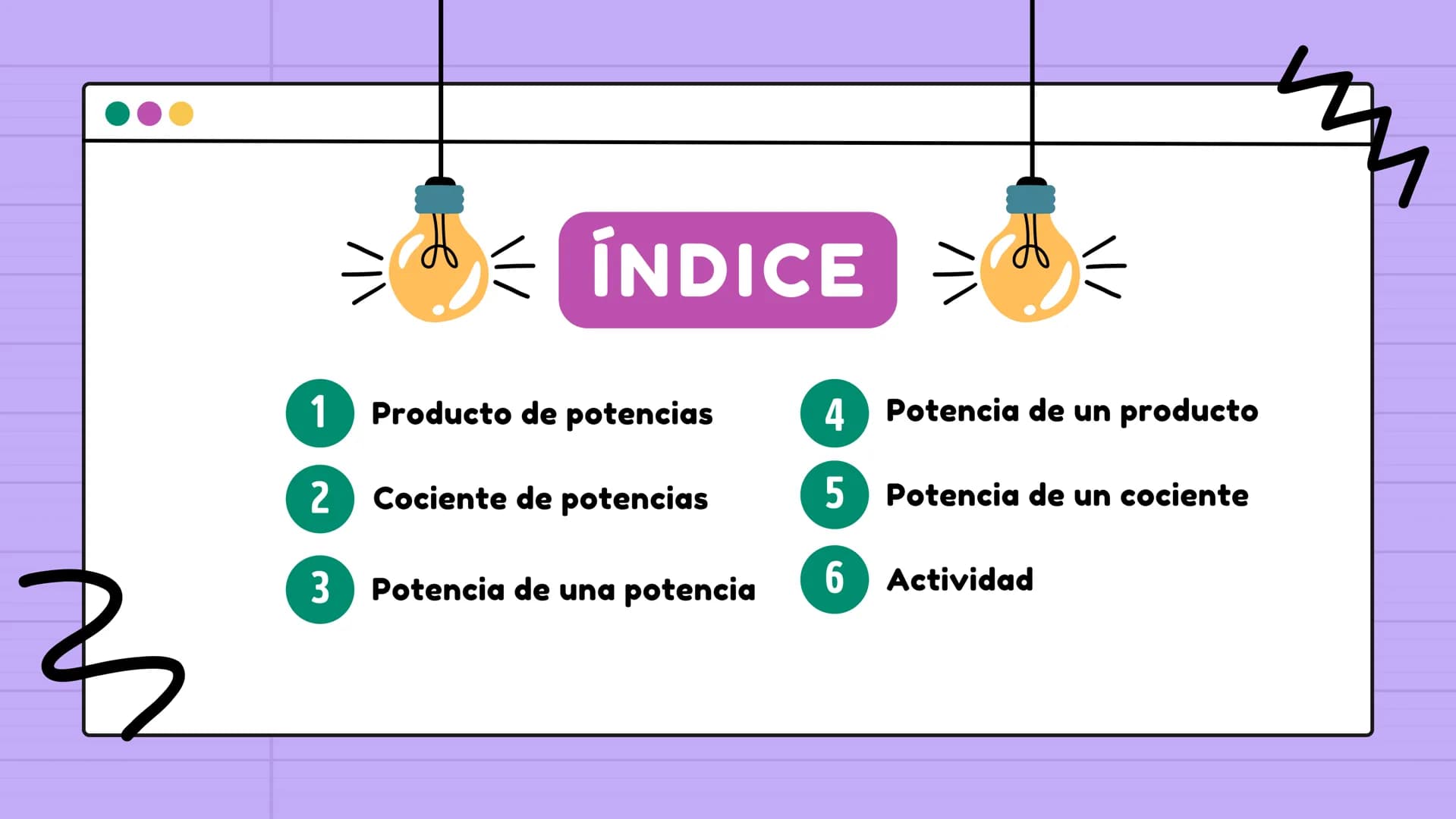 le
PROPIEDADES
de los
EXPONENTES
N ÍNDICE
им
1
Producto de potencias
4 Potencia de un producto
2
Cociente de potencias
5 Potencia de un coci