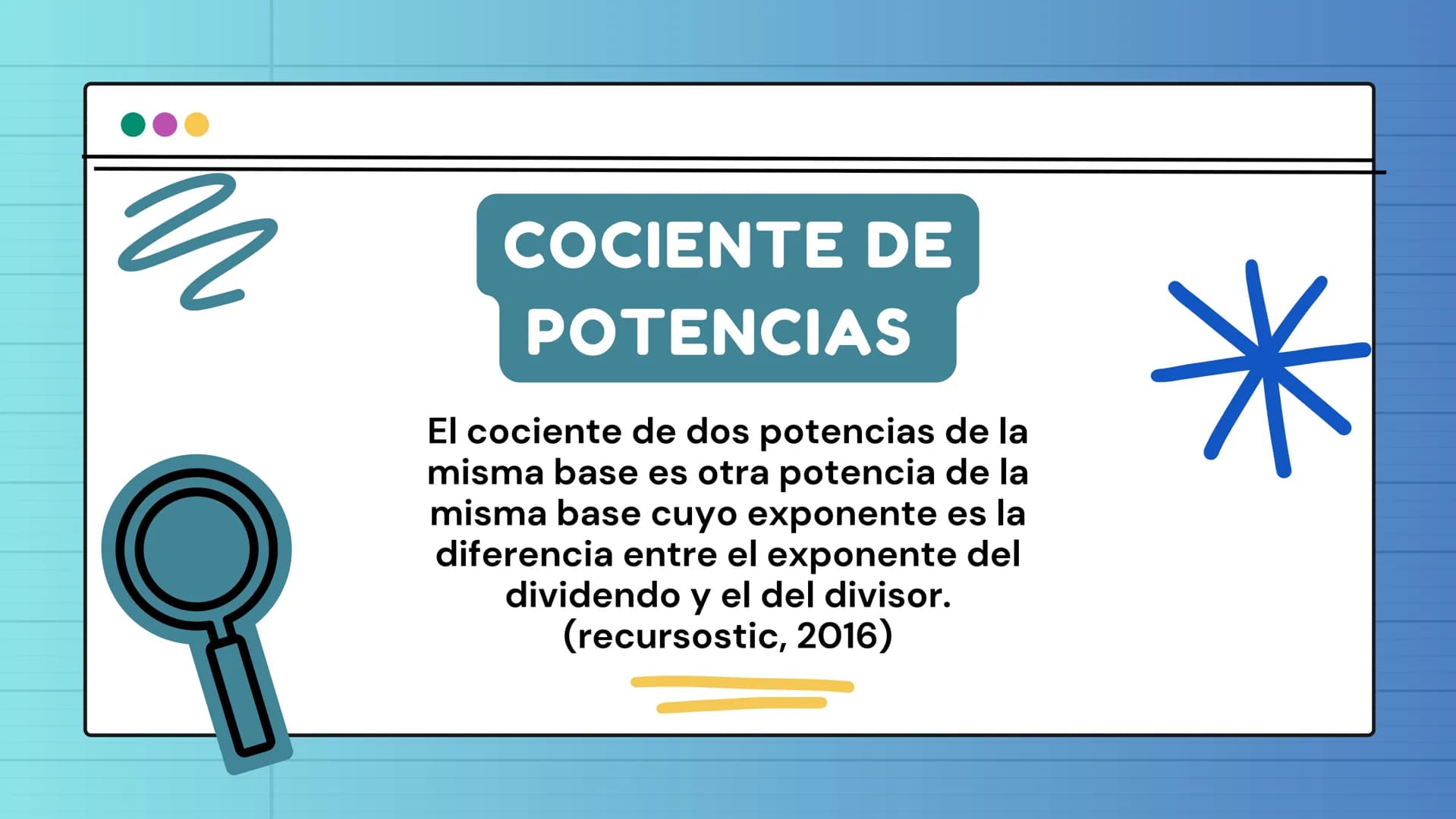 le
PROPIEDADES
de los
EXPONENTES
N ÍNDICE
им
1
Producto de potencias
4 Potencia de un producto
2
Cociente de potencias
5 Potencia de un coci