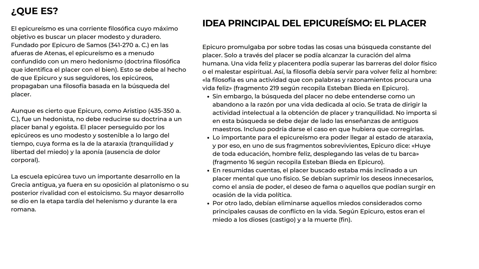 Epicureísmo ¿QUE ES?
El epicureísmo es una corriente filosófica cuyo máximo
objetivo es buscar un placer modesto y duradero.
Fundado por Epi