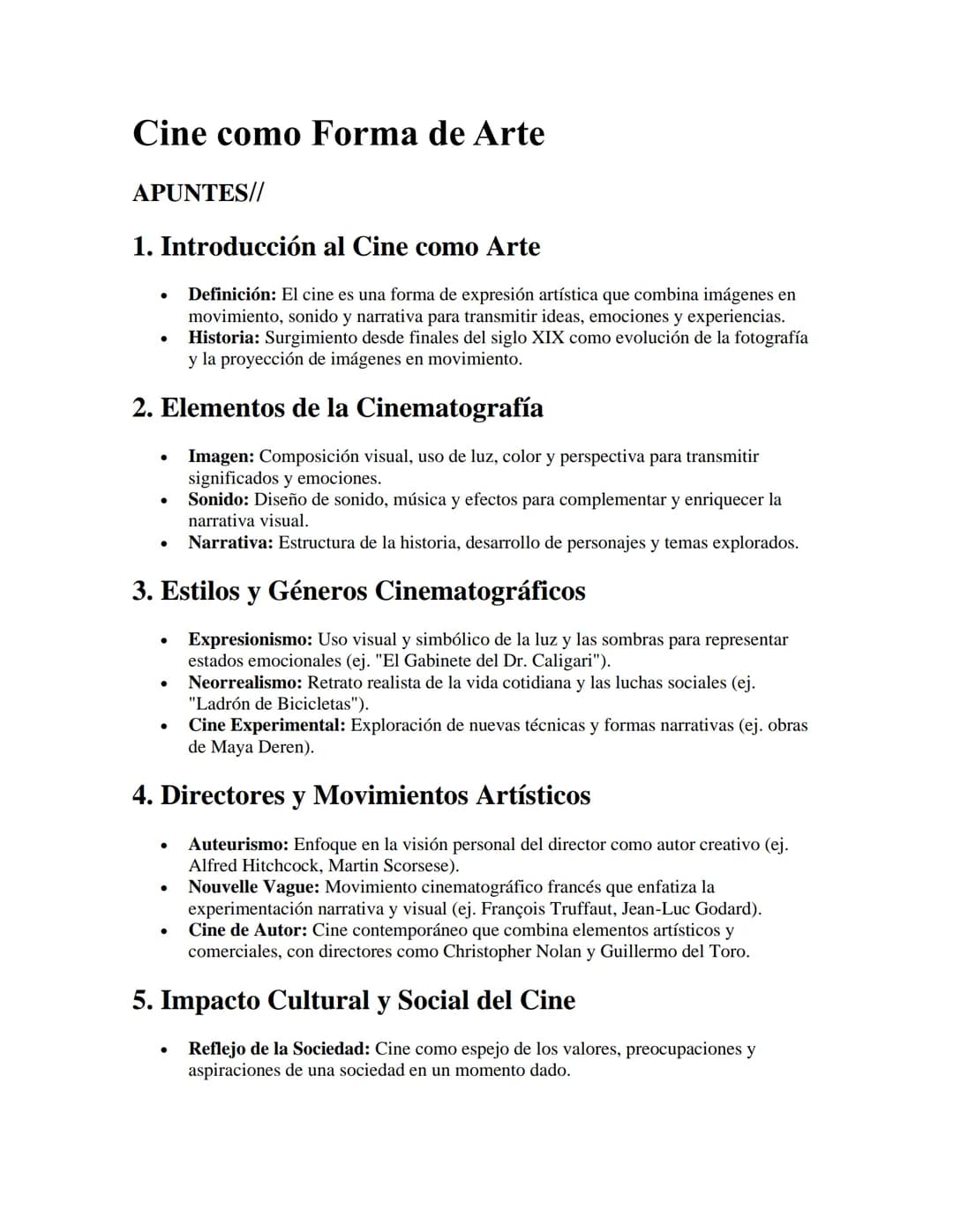 Cine como Forma de Arte
APUNTES//
1. Introducción al Cine como Arte
•
Definición: El cine es una forma de expresión artística que combina im