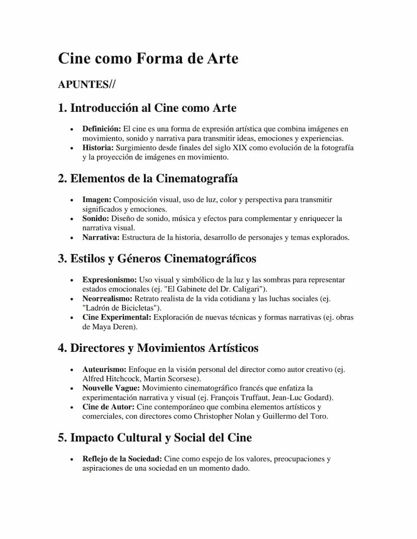 Cine como Forma de Arte
APUNTES//
1. Introducción al Cine como Arte
•
Definición: El cine es una forma de expresión artística que combina im