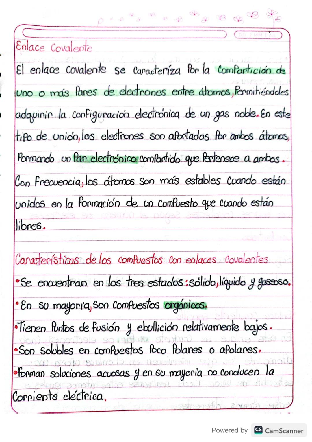 Enlace Covalente
El enlace covalente se caracteriza por la Compartición de
uno o más Pares de electrones entre átomos, Permitiéndoles
• adqu