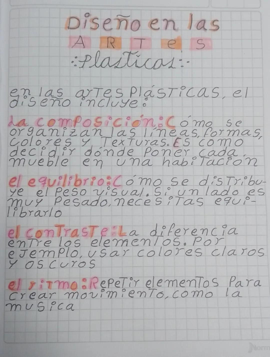 --- OCR Start ---
Diseño
en las
ARTes
Plasticas
:
en las artes Plásticas, el
diseño incluye:
La composición:Cómo se
organizan las líneas, fo