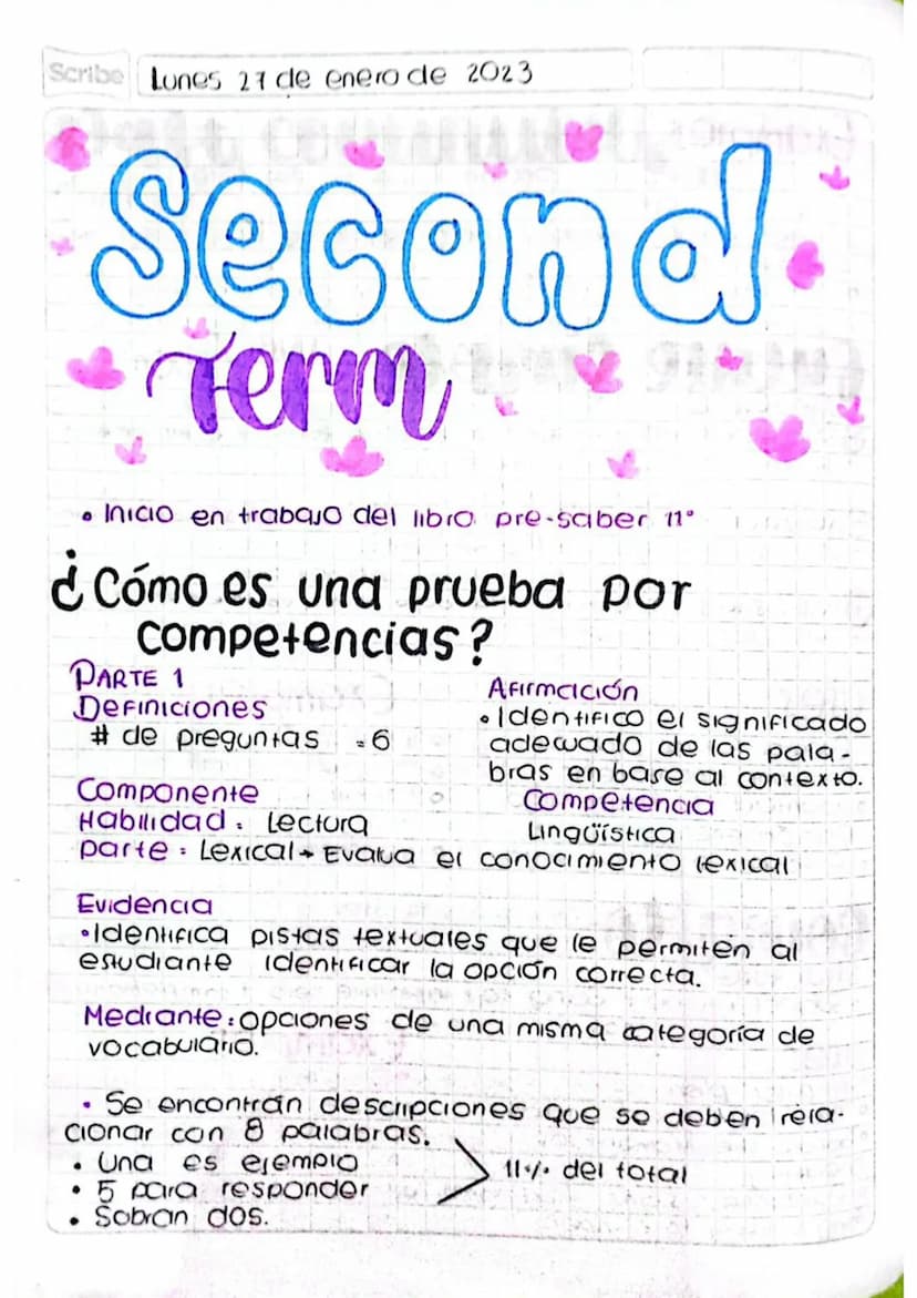 Scribe Lunes 27 de enero de 2023
Second
Term
• Inicio en trabajo del libro pre-saber 11°
¿Cómo es una prueba por
Competencias?
PARTE 1
Defin