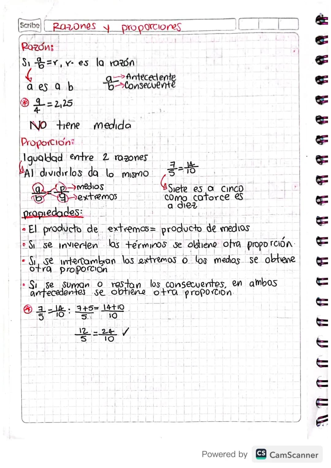Scribe Razones y proporciones
Razón:
S₁ =r, Y. es la razón
a es a b
Antecedente
Consecuente
= 2,25
No tiene medida
Proporción
Igualdad entre