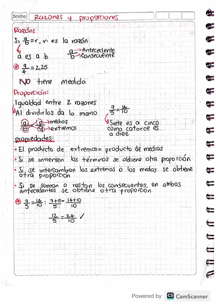 Scribe Razones y proporciones
Razón:
S₁ =r, Y. es la razón
a es a b
Antecedente
Consecuente
= 2,25
No tiene medida
Proporción
Igualdad entre