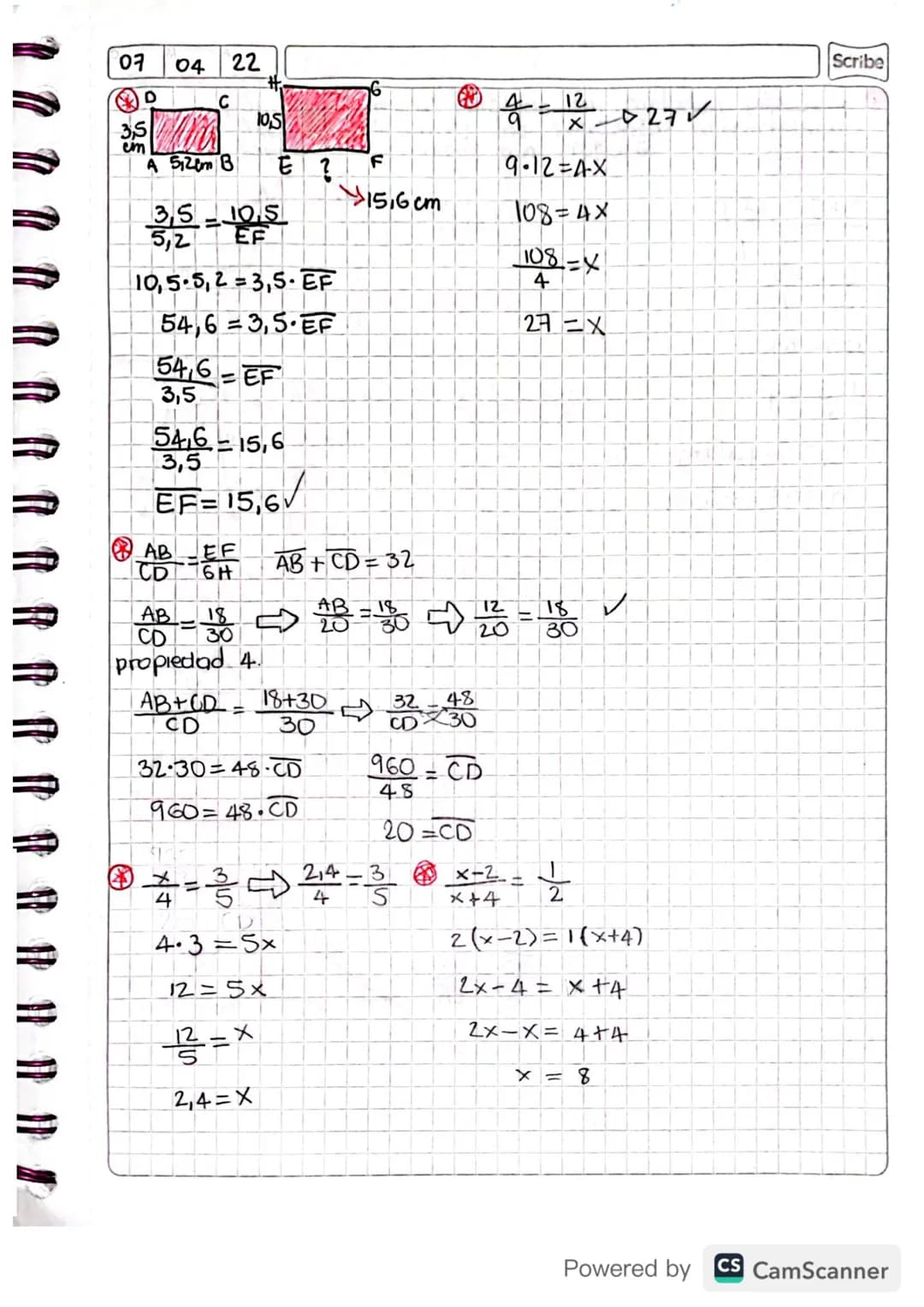 Scribe Razones y proporciones
Razón:
S₁ =r, Y. es la razón
a es a b
Antecedente
Consecuente
= 2,25
No tiene medida
Proporción
Igualdad entre