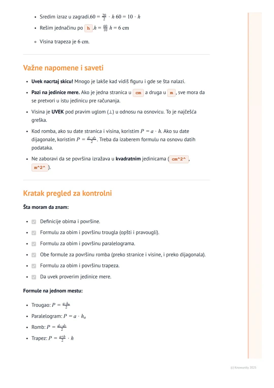 # Obim i površina trougla i
četvorougla

Uvod i podsećanje

Obim i površina su osnovne veličine za opisivanje geometrijskih figura. Obim je 