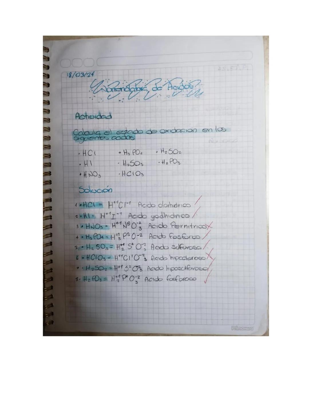 # 18/03/24

## Nomenclatura de Acidos?

Actividad

Calcula el estado de oxidación en los siguientes acidos:

- HCl
- HI
- HNO3

- H3 PO4
- H