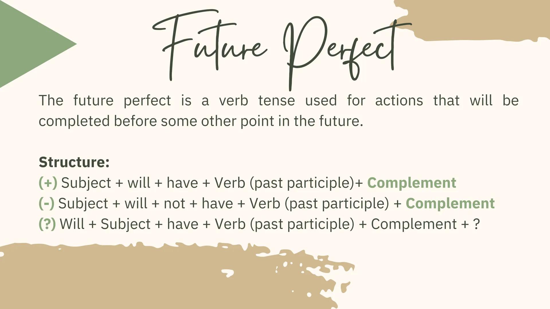 Perfect Tenses Past Perfect

Structure:
(+) Subject + had + Verb (past participle) + Complement
(-) Subject + had not + Verb (past participl