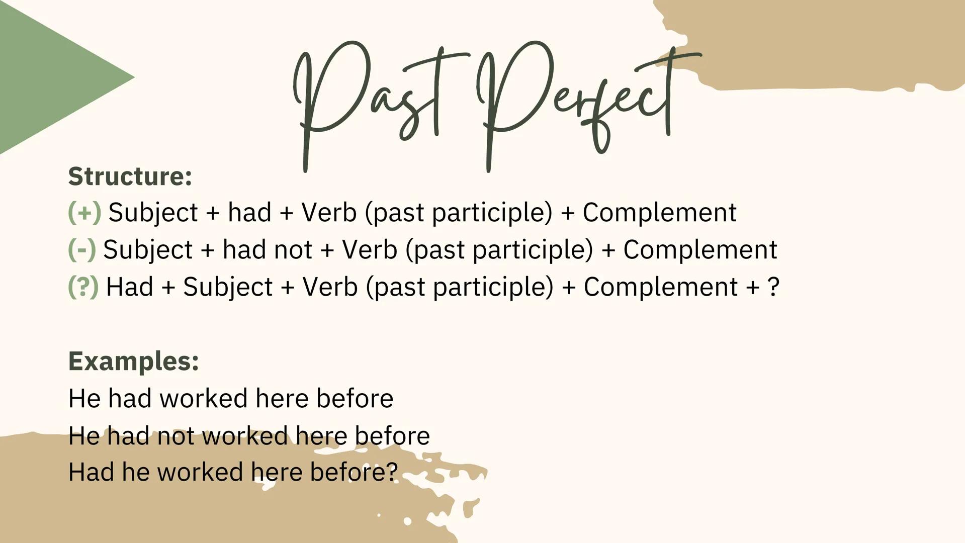 Perfect Tenses Past Perfect

Structure:
(+) Subject + had + Verb (past participle) + Complement
(-) Subject + had not + Verb (past participl