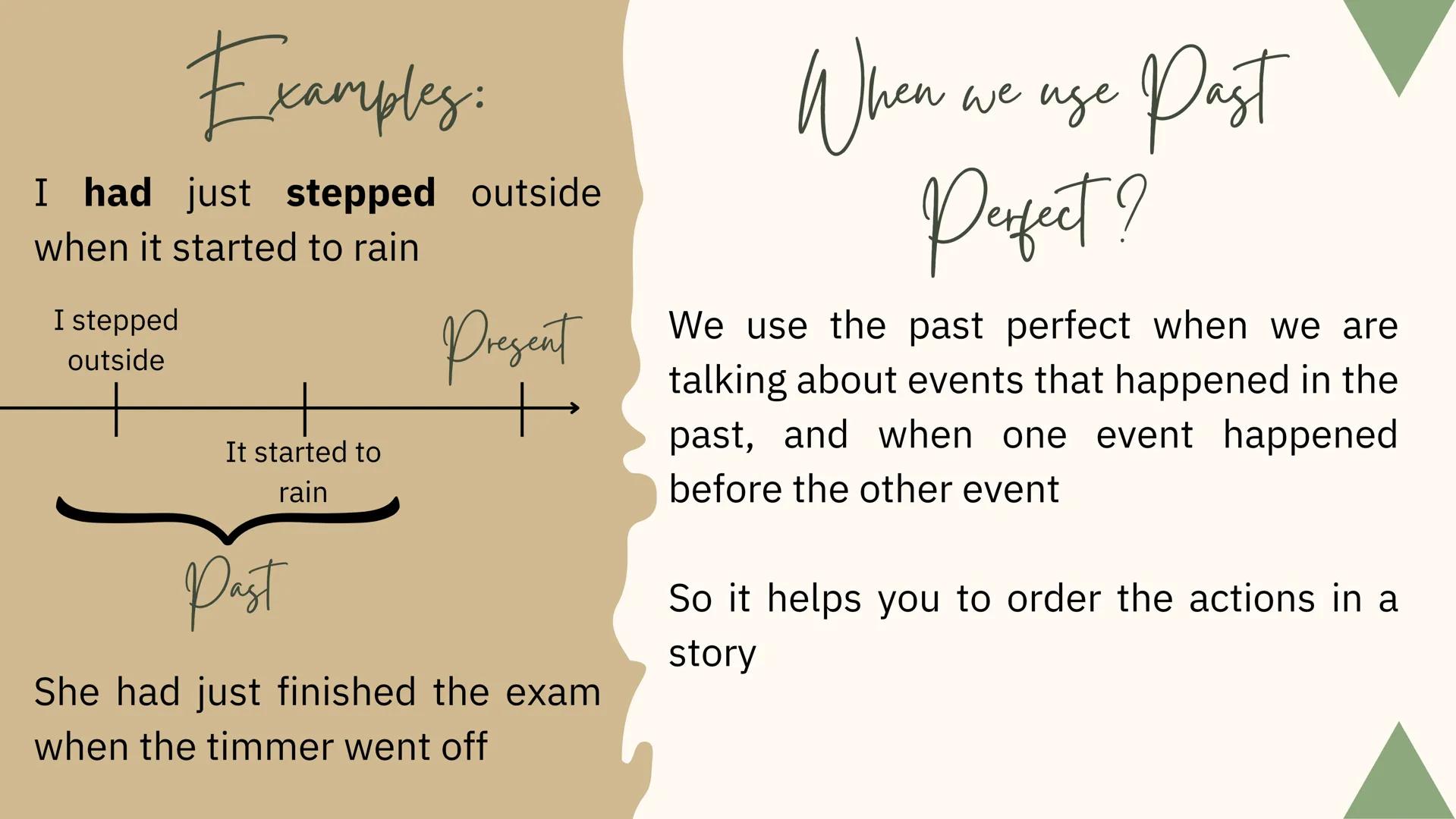 Perfect Tenses Past Perfect

Structure:
(+) Subject + had + Verb (past participle) + Complement
(-) Subject + had not + Verb (past participl