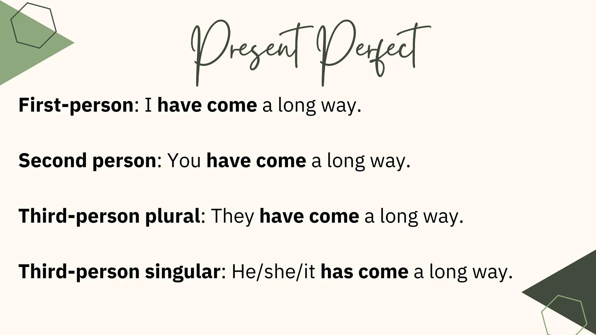 Perfect Tenses Past Perfect

Structure:
(+) Subject + had + Verb (past participle) + Complement
(-) Subject + had not + Verb (past participl