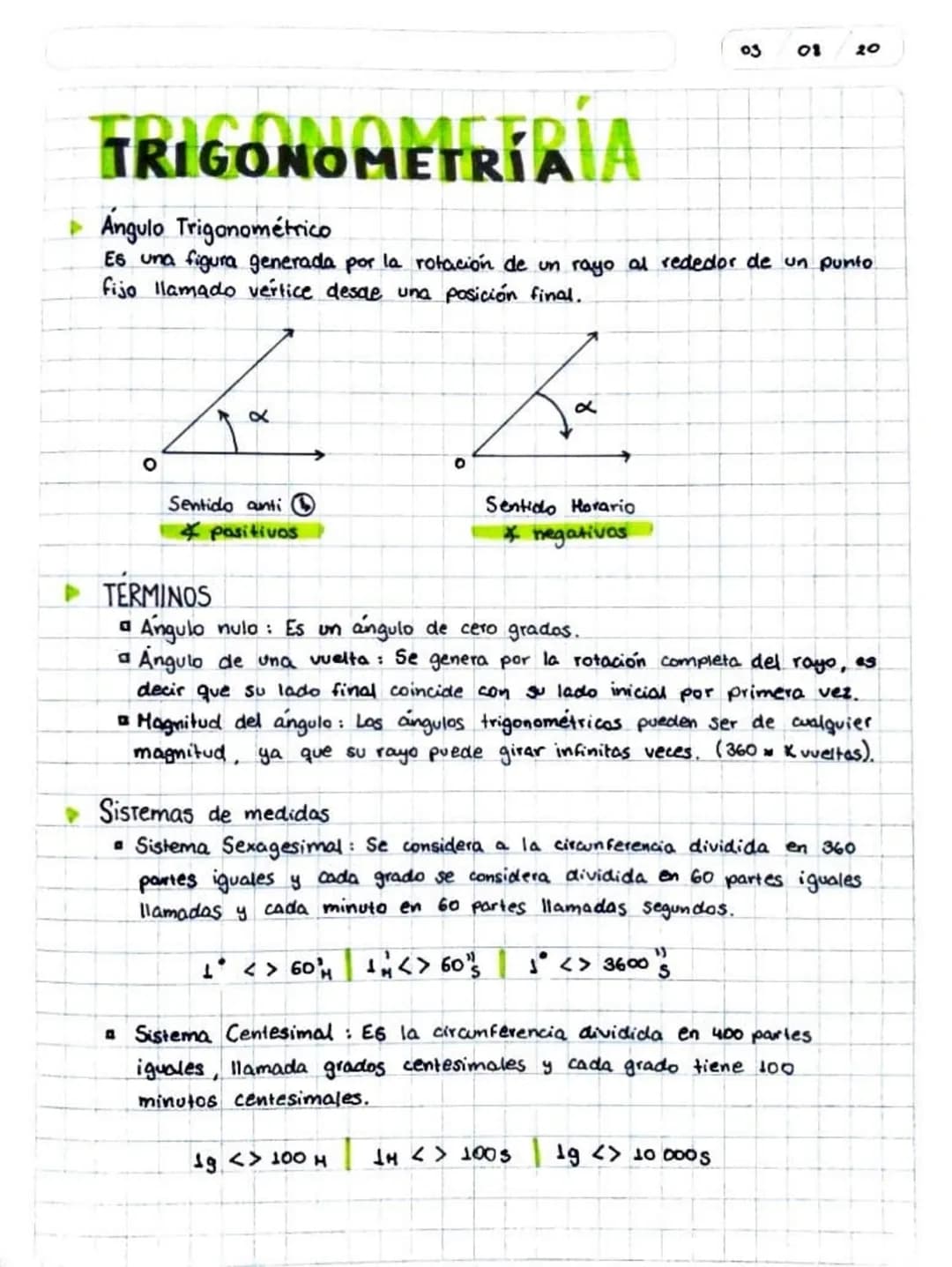 03
08 20
TRIGONOMETRÍAÍA
Angulo Trigonométrico
Es una figura generada por la rotación de un rayo al rededor de un punto
fijo llamado vertice