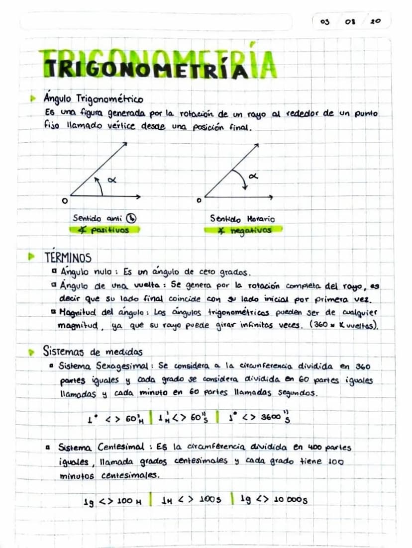 03
08 20
TRIGONOMETRÍAÍA
Angulo Trigonométrico
Es una figura generada por la rotación de un rayo al rededor de un punto
fijo llamado vertice