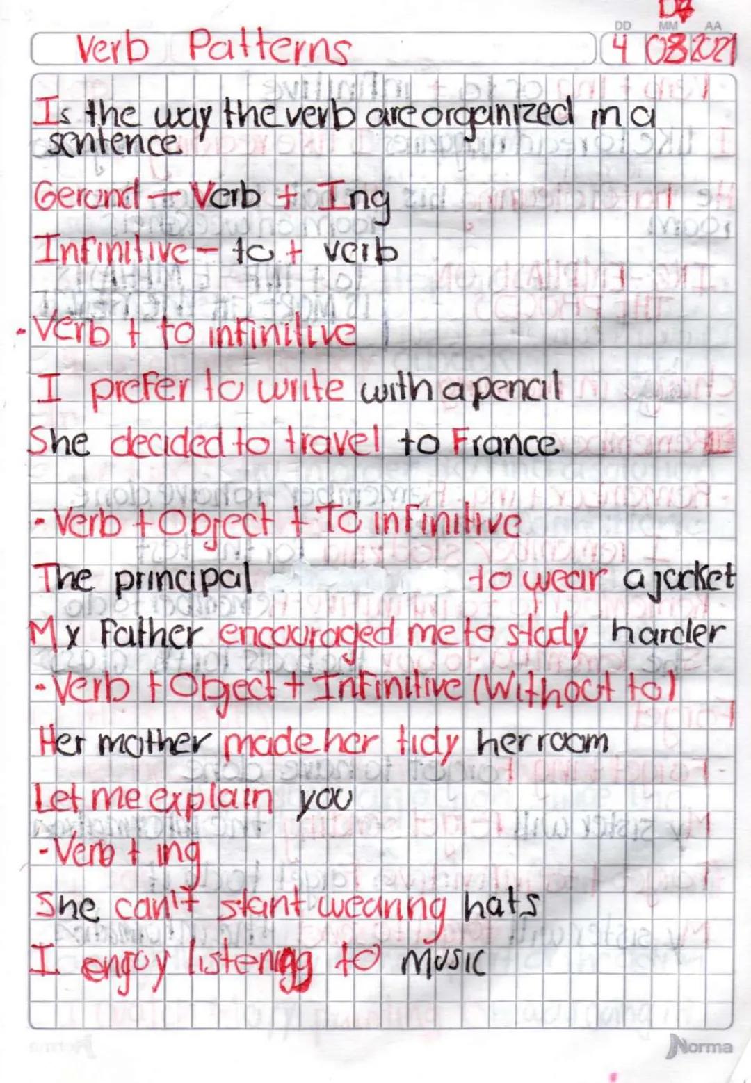 # Verb Patterns
DD MM
AA
4082021
Is the way the verb are organized ima
sentence

Gerund Verb + Ing

Infinitive-to + verb

-Verb + to infinil