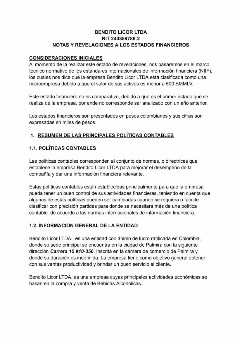 BENDITO LICOR LTDA
NIT 240389786-2
NOTAS Y REVELACIONES A LOS ESTADOS FINANCIEROS
CONSIDERACIONES INICIALES
Al momento de la realizar este e