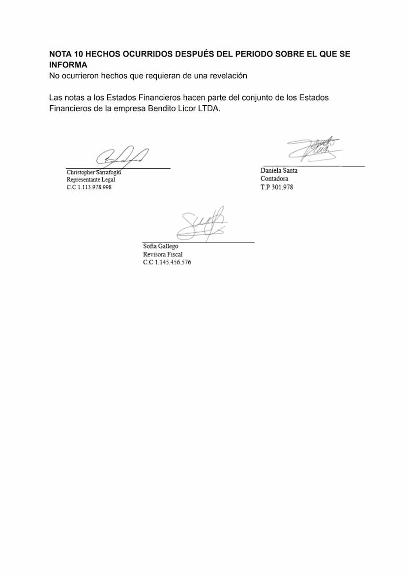 BENDITO LICOR LTDA
NIT 240389786-2
NOTAS Y REVELACIONES A LOS ESTADOS FINANCIEROS
CONSIDERACIONES INICIALES
Al momento de la realizar este e