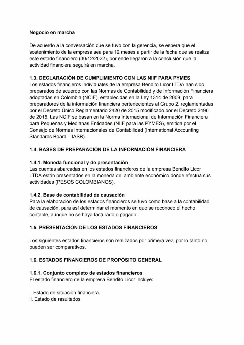 BENDITO LICOR LTDA
NIT 240389786-2
NOTAS Y REVELACIONES A LOS ESTADOS FINANCIEROS
CONSIDERACIONES INICIALES
Al momento de la realizar este e