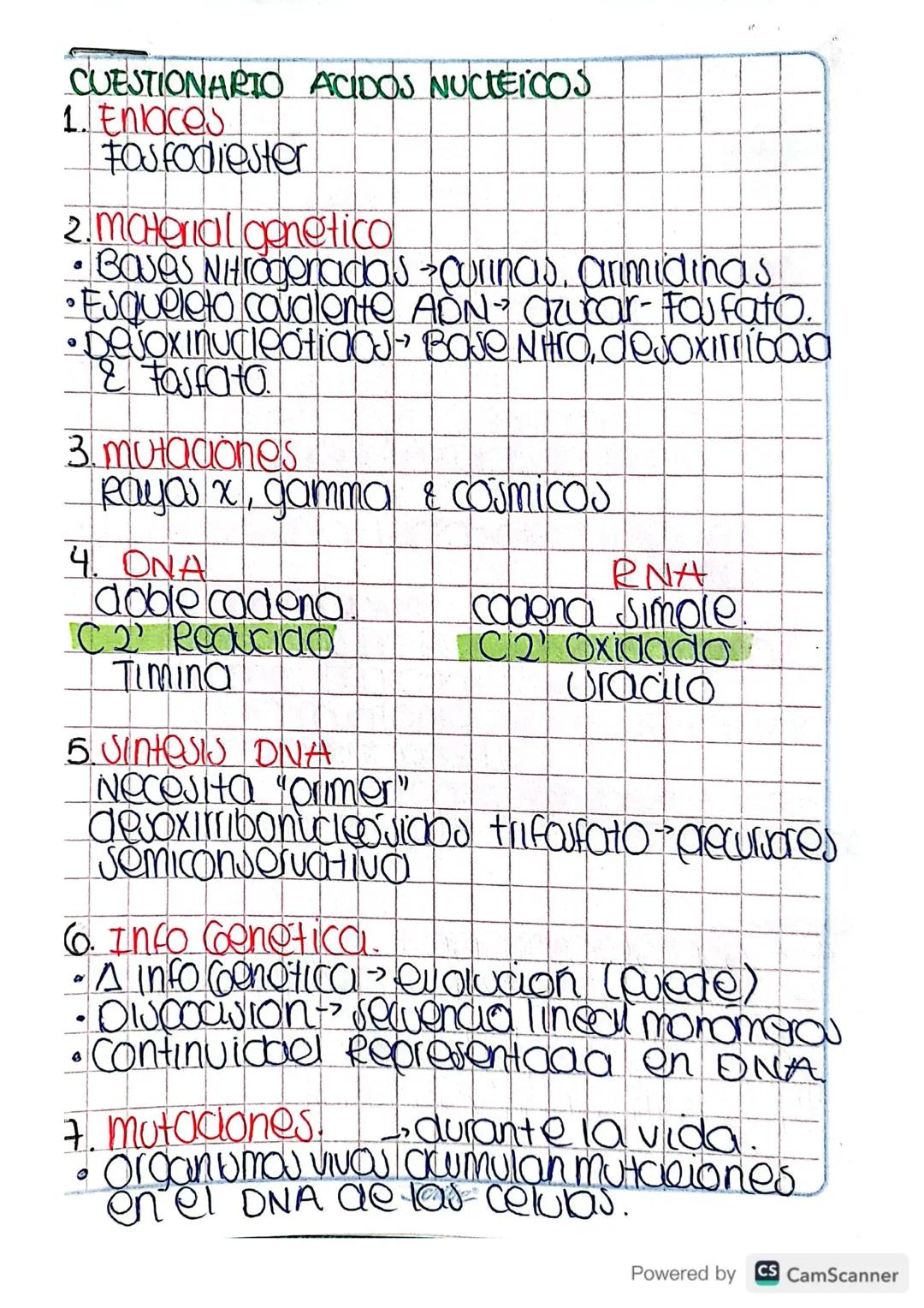 CUESTIONARIO ACIDOS NUCLEICOS
1. Enlaces
Fosfodiester
2. material genetical
3
• Bases Nitrogenadas sourinas. arimidinas.
•Esqueleto covalent