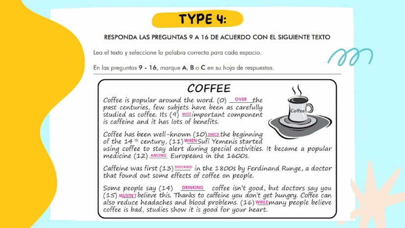 \|/
KIND OF QUESTIONS
EXAM ICFES
SABER 11
PART Y AND PART 7 Edito mis escritos en clase teniendo en cuenta
reglas de ortografía, adecuación 