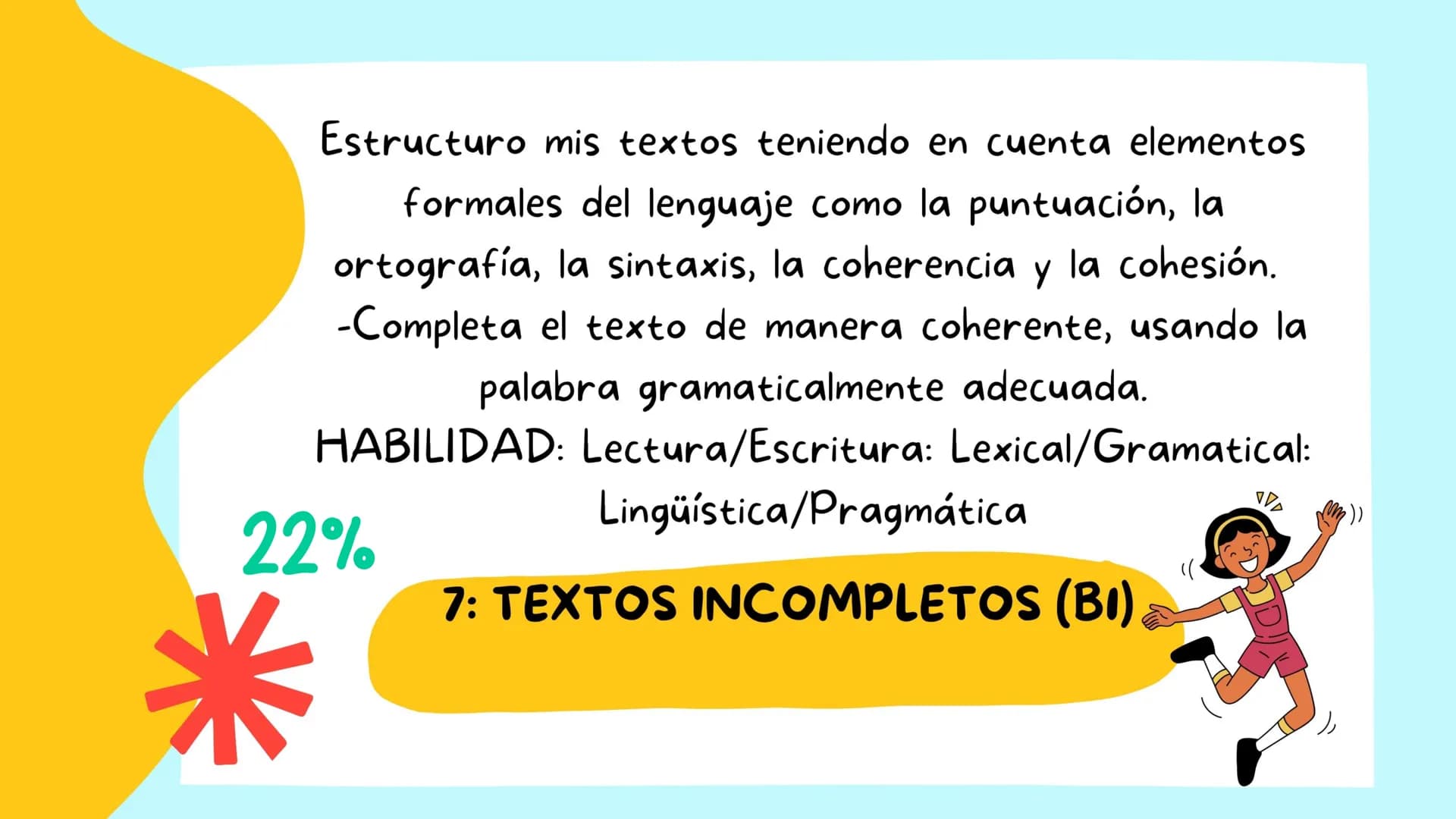 \|/
KIND OF QUESTIONS
EXAM ICFES
SABER 11
PART Y AND PART 7 Edito mis escritos en clase teniendo en cuenta
reglas de ortografía, adecuación 
