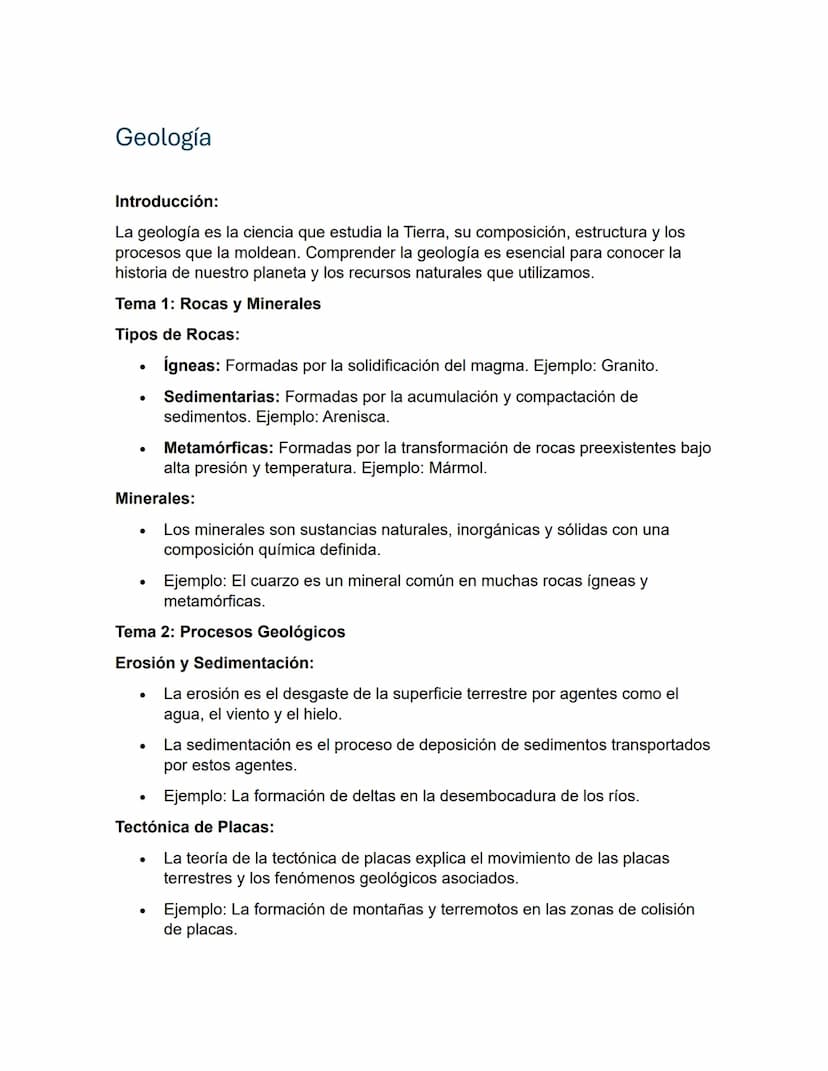 Geología
Introducción:
La geología es la ciencia que estudia la Tierra, su composición, estructura y los
procesos que la moldean. Comprender