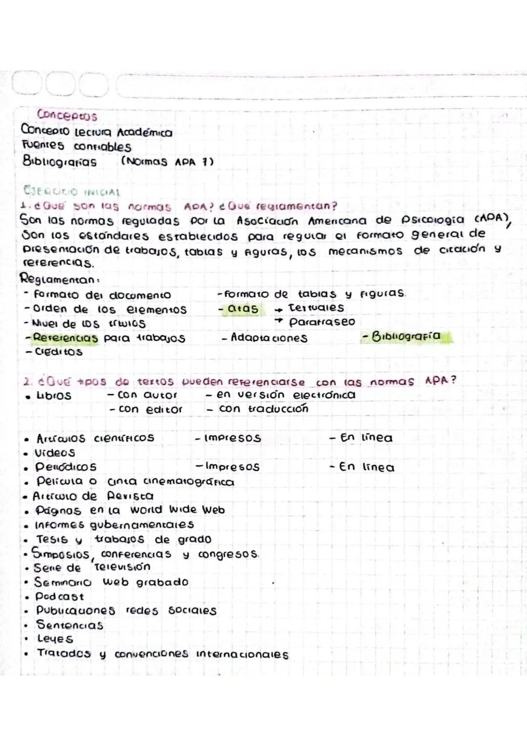 0000

Conceptos
Concepto Lectura Académica
Fuentes confiables
Bibliografías (Normas APA 7)

OJERCICIO INICIAL
1. ¿Qué son las normas ADA? ¿Q