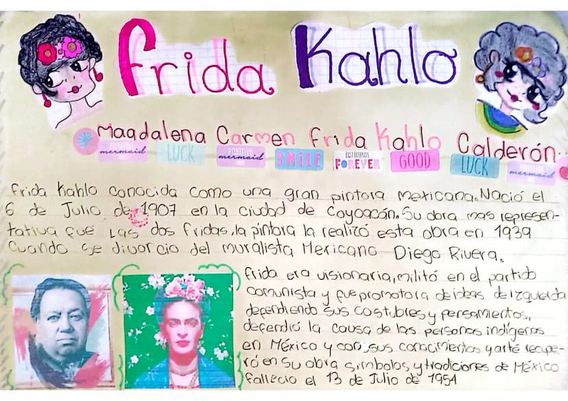 Frida Kahlo
Magdalena Carmen Frida Kahlo Calderón
mermaid SMILE FOREVER GOOD LUCK mermaid
mermaid
LUCK
POSITIVE
Frida Kahlo conocida como un