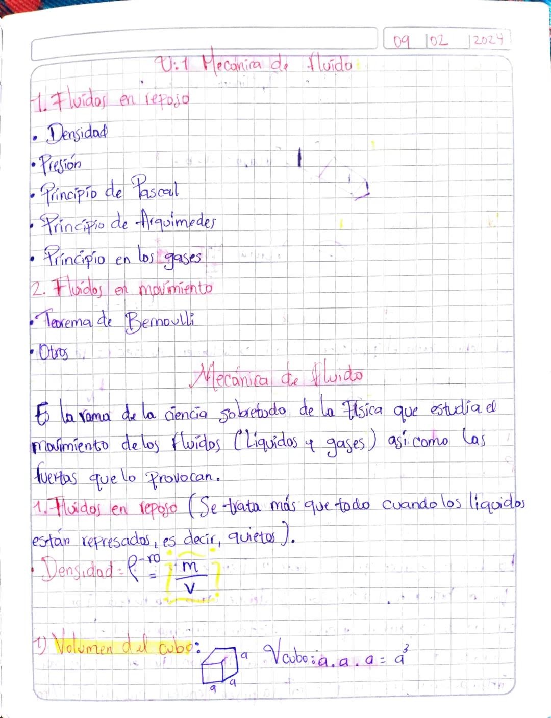 09 102 /2024
U:1 Meconica de fluido.
4. Fluidos en reposo
• Densidad
•Presión
• Principio de Pascal
Principio de Arquimedes
Principio
en los